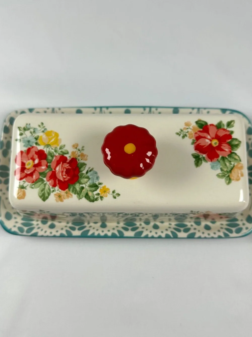 The Pioneer Woman Vintage Floral Butter Dish Stoneware Ceramic Red Teal Yellow